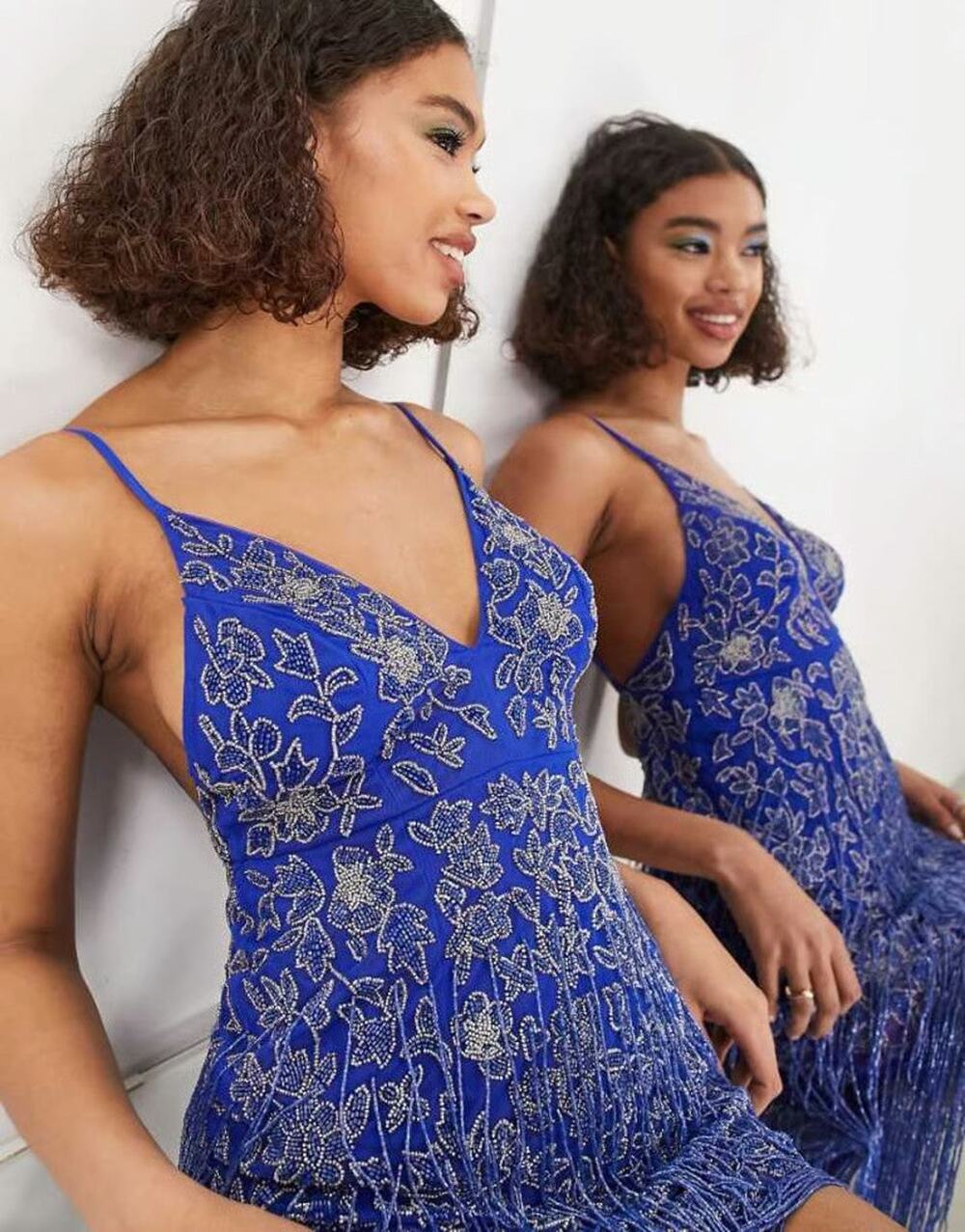 ASOS Floral Mini Dress With Beaded Fringe in Blue - US 4